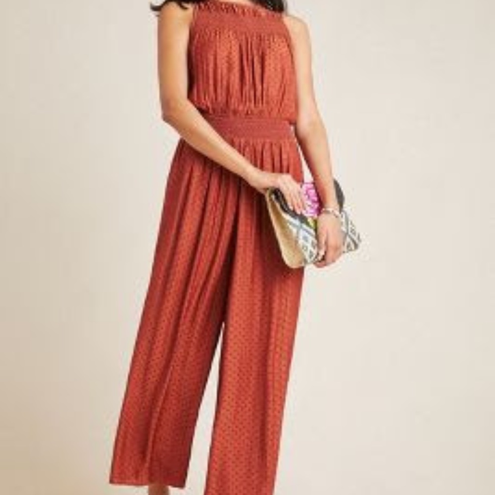 Anthropologie Fall Potter Jumpsuit in Rust Orange